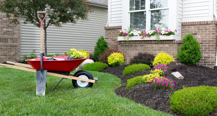 Home with new plants in mulch bed and wheelbarrow in yard